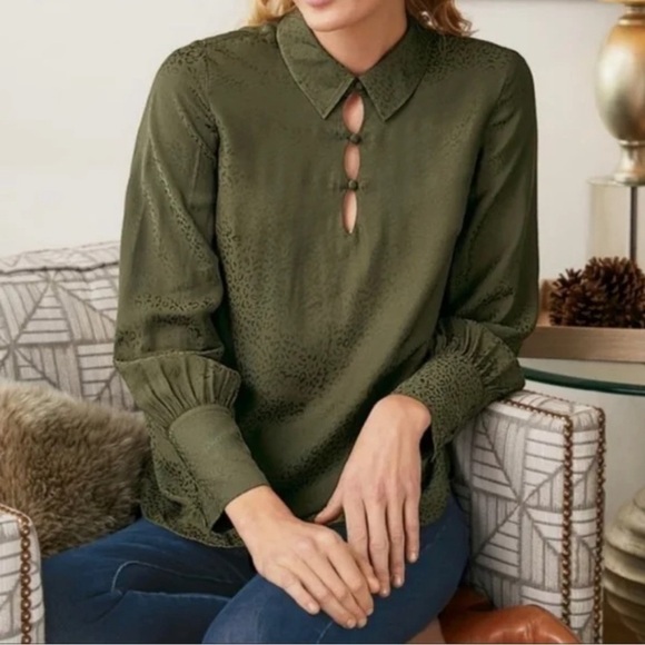 NEW Soft Surroundings Green Coastline Triple Keyhole Blouse Size Large Viscose - Picture 1 of 7